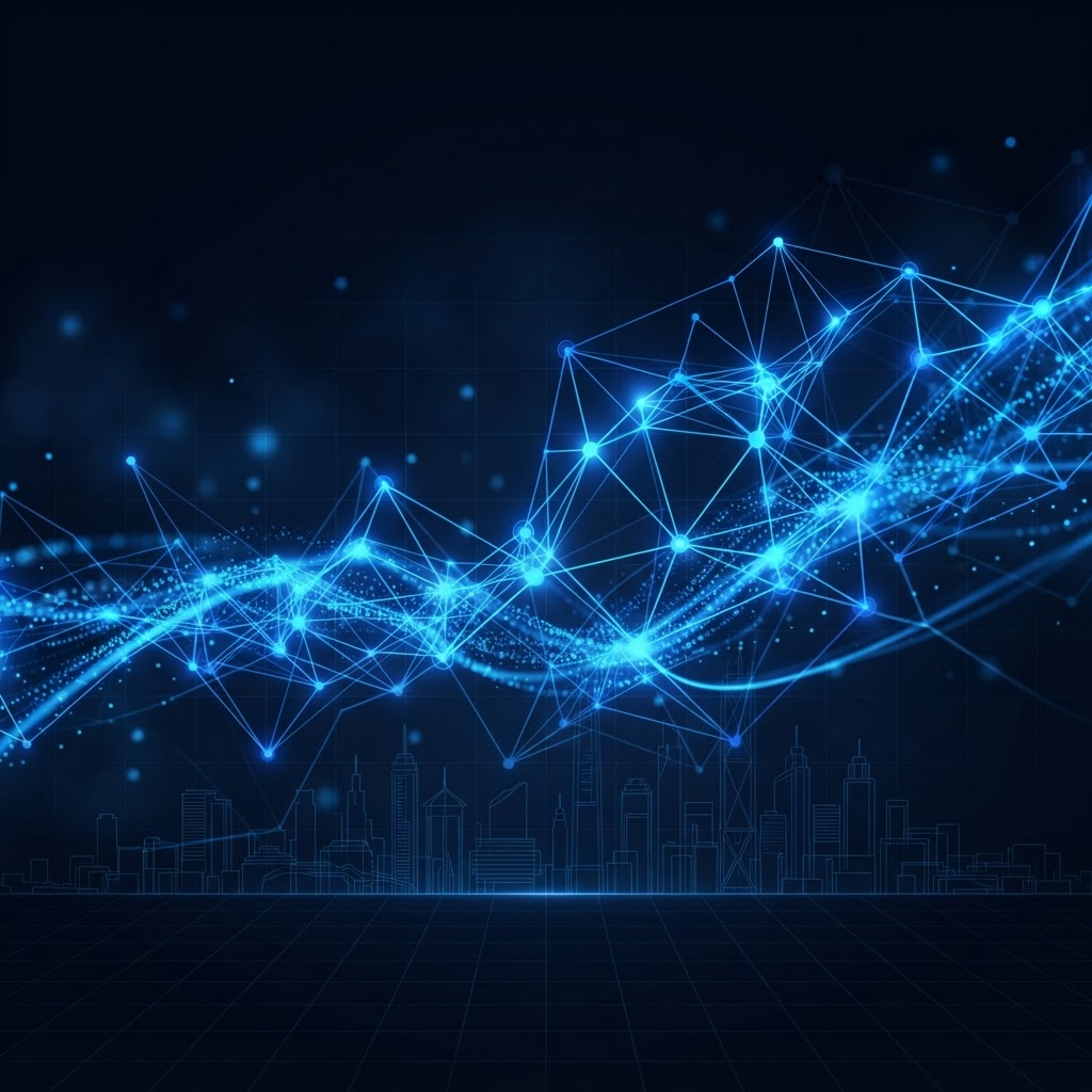 Abstract network of glowing blue nodes representing digital transformation